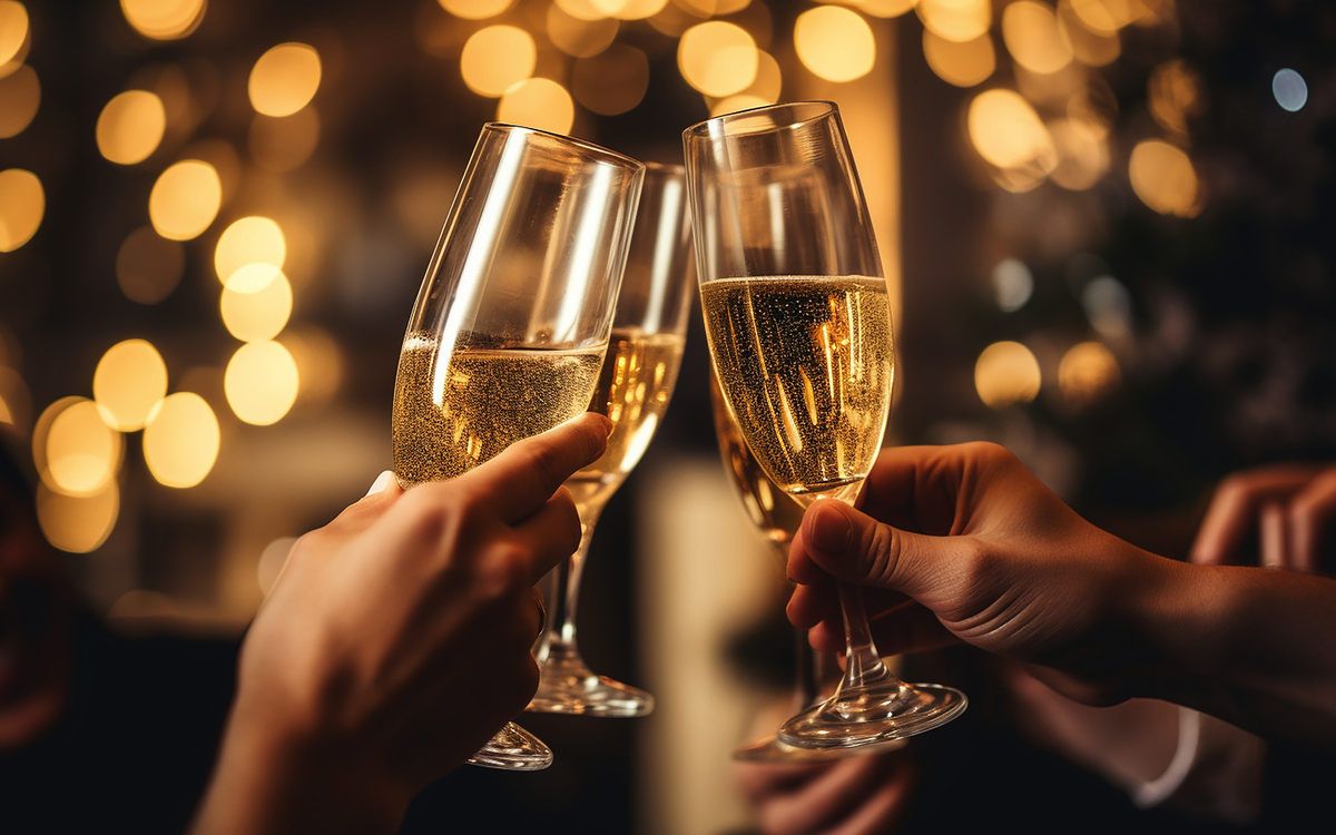 Nahaufnahme von Menschen, die mit weihnachtlichen Champagnergläsern anstoßen